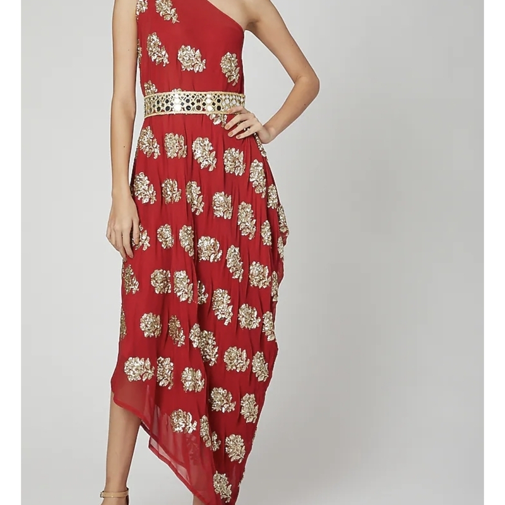 Arab Crab One-Shoulder Red Dress with Gold Accents